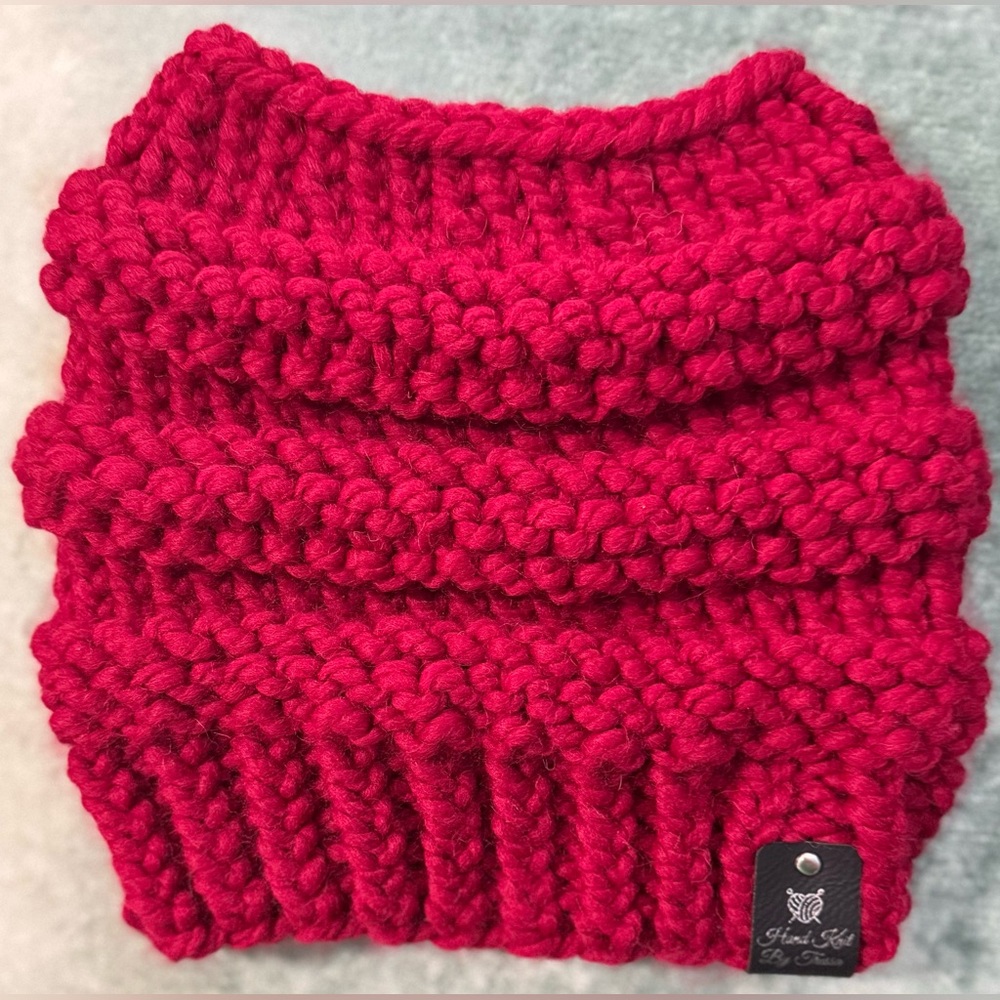 Handmade Hand Crafted Knit Messy Bun Hat adult/teen size red